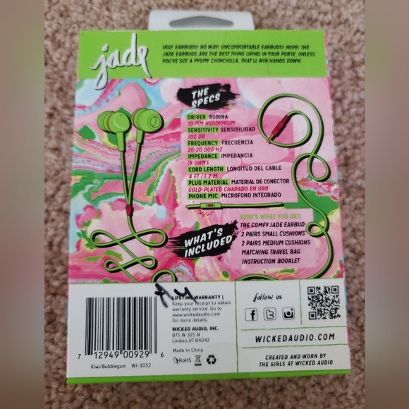 Wicked Audio Jade Earbuds - Kiwi/Bubblegum WI-3052- Comes with Travel Bag - NEW - Picture 4 of 5